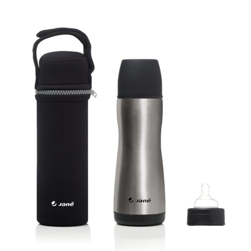 Jané Termo Líquidos, Acero Inoxidable, 300 ml, con Tetina de Silicona, Incluye Bolsa de Neopreno, Mantiene el Calor hasta 10 horas, Gris
