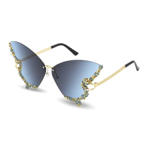Zequech Lunettes de soleil avec monture en forme de papillon, dégradé bleu-gris, verres de 70 mm de large, accessoire cool pour la plage d'été, les fêtes,...