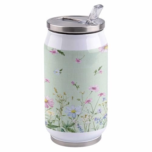 コーラカップ 田園 花 植物 緑色バック タンブラー ストローカップ 蓋付き ステンレス 魔法瓶 水筒 ボトル 車用 自宅用 携帯便利 直飲み 真空 保冷 保温 漏れ防止 通勤 贈り物 400ml