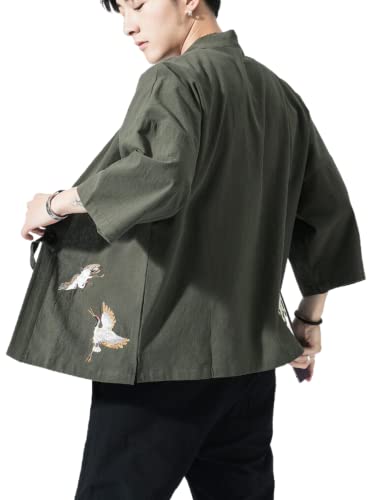 Image of Men's Japanese Kimono Cardigan Loose Cotton Linen 3 /4 Sleeve Open Front Casual Summer Shirt Jackets