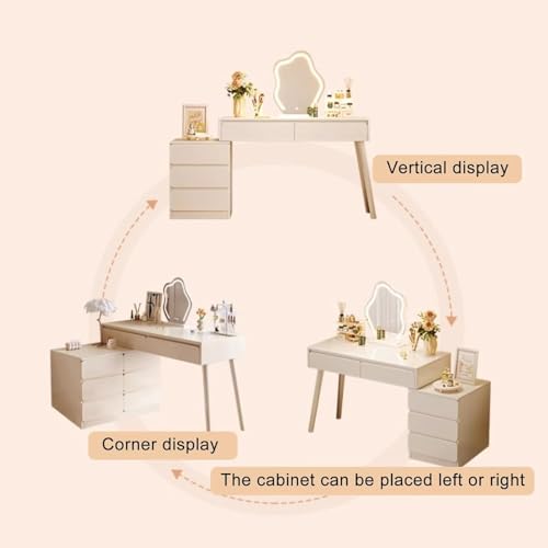 طقم طاولة زينة ومكياج بيضاء بعرض 1 م مع مرآة بإضاءة LED مع درج تخزين وخزانة لغرفة النوم (A)