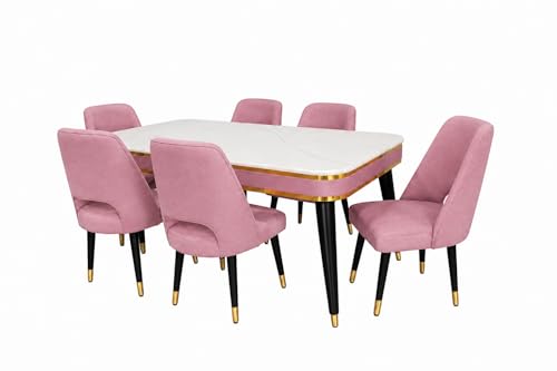 Image of WOODEN SPACE 6-Seater Wooden Dining Table Set | Nano Composite Marble Top | Solid Wood Base | Modern Dining Room Furniture with 6 Chairs (Pink Vintage)