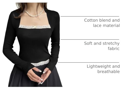 Image of Fairy Grunge Shirts for Women Y2K Tops Long Sleeve Lace Patchwork Tees Teen Girls Vintage Slim Blouse Fall Clothes