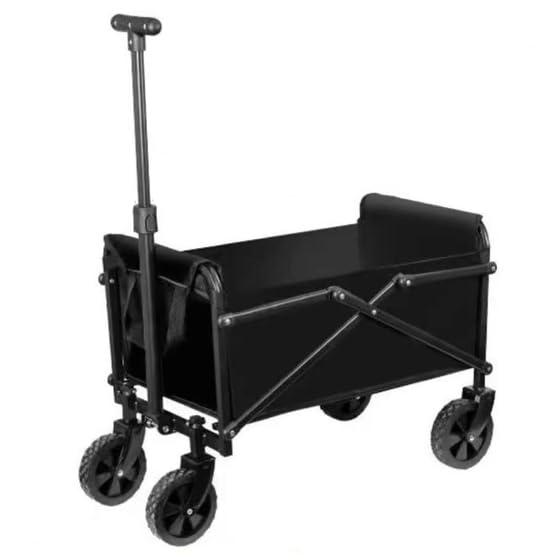 Primovate Folding Utility Wagon Cart Black 80L Capacity 150kg Load 5 Inch Wheels Adjustable Handle 360 Rotation Smal Size 58x43x35 cm