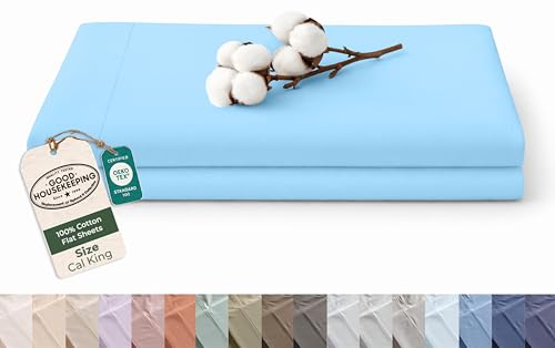 Image of Royale Linen 100% Organic Cotton California King Size Flat Sheet Only - Percale Top Sheets - California King Flat Sheet Sold Separately - 100% Cotton Lake Blue Bed Sheets Only (108 inch x102 inch, Lake Blue)