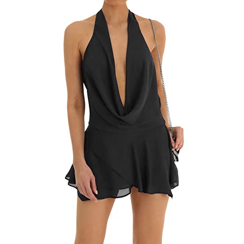 FeMereina Damen Sexy ärmelloses Kleid mit Wasserfallausschnitt, offener Rücken, durchsichtig, Netzstoff, Neckholder, kurzes Kleid, tiefer...