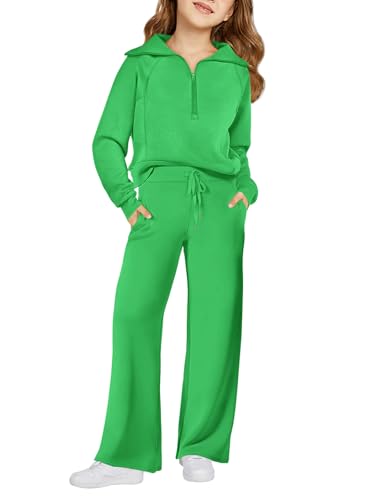 Image of Haloumoning Girls 2 Piece Outfits Sweatsuit Half Zip Long Sleeve Sweatshirts Sweatpants Tracksuit Sets 5-14 years