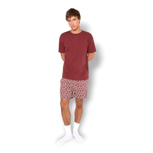 TRAMAS+ Pijama Hombre Verano 100% Algodón, Conjunto de Camiseta de Manga Corta y Pantalón Corto, Ropa de Dormir Fresca y Cómoda   M, Khaul, Burdeos