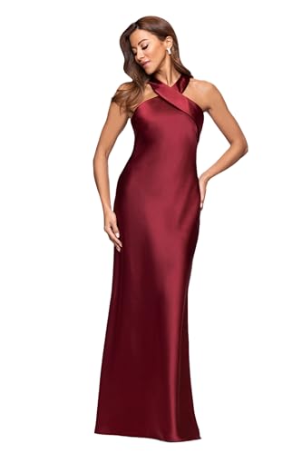 Image of Xscape Women's Floor Length Satin Halter Gown with Crisscross Neckline, Tie Back Sash and Sheath Silhouette, Wine, 6