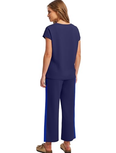 Image of Saloogoe Two Piece Sets for Women Summer Outfits Lounge Sets V Neck Tops Wide Leg Pants Woman Vacation Travel Outfits