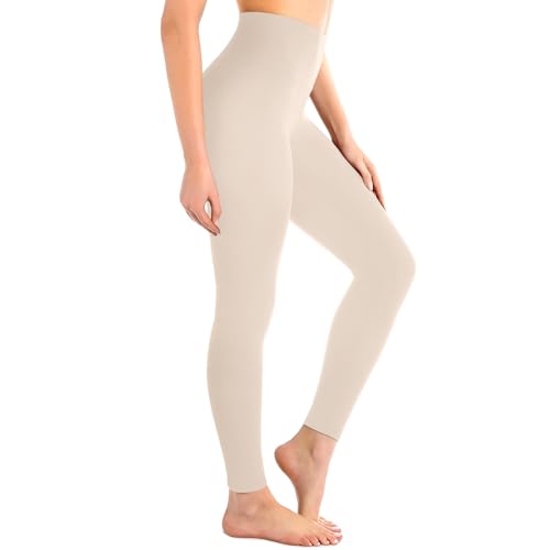 Leafigure High Waisted Leggings for Women- Soft No See-Through Yoga Pants for Gym Workout Running Beige SM
