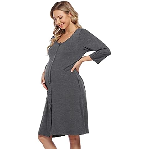 KOJOOIN Damen Geburt Stillnachthemd Langarm Nachthemd Schlafanzug Schwangerschaft Pyjama Nachtwäsche mit Durchgehender Knopfleiste Dunkelgrau A (Langarm) M Cover