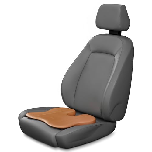 Image of Frido Premium Car Wedge Seat Cushion with Memory Foam Support and Coccyx Cutout, Luxe Leatherette Finish, Tailbone and Hip Pain Relief, Comfortable Support for Long Drives Travel and Daily Use | Tan
