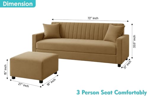 Image of Urban Decor 3 Seater Wooden Sofa Set with Matching Ottoman, Modern Channel Tufted Velvet Fabric Couch for Living Room-Golden