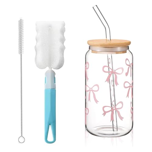 BCENG 16 oz Glass Trinkbecher mit Deckel und Strohhalm Bow Glasbecher Iced Coffee Glas in Dosenform Trinkgläser Bubble Vielseitiges Trinkglas für Bubble Tea Kaffee Und Mehr