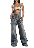 LETSVDO Women's Denim Jumpsuit Cargo Sleeveless Wide Leg Adjustable Strap Loose Jean Overalls Rompers