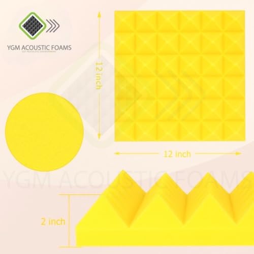 Image of YGM Acoustic Foams Pyramid Acoustic Panels 1 Footx1 Footx2inch Thick, 50 Density Acoustical Sound Proof Foam for Room, Studio, Echo Reduction & Noise Absorption (Black & Yellow, Set of 126)