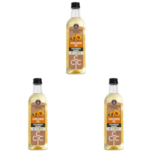 Image of Conscious Food Cold Pressed Sunflower Oil | 1 litre | PET Bottle | Cooking Oil | High in Antioxidants, Delicious & Healthy (Pack of 3)