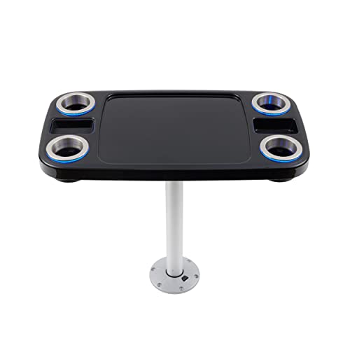 Manufacturers' Select ITC Lit Marine Boat Table Leg Set. Pontoon Accessories, Marine Pedestal Table. Large Top with Blue Led Lit Drink Holder (Glossy Black w/Silver Leg)