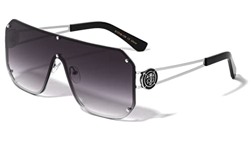 Kleo Regent - Rimless Studded Flat Top Side Coin Lion Head Medallion Shield Hip Hop Sunglasses