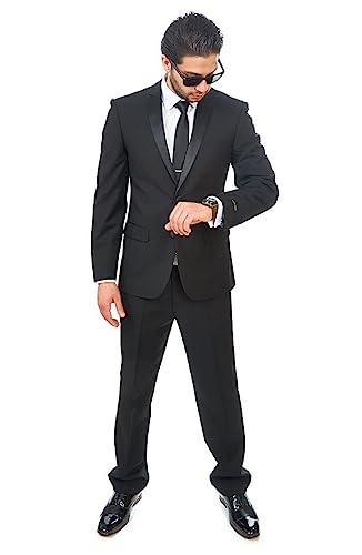 AZAR MAN Slim Fit Men Suit Tuxedo Black 2 Button Satin Collar Flat Front Pants2