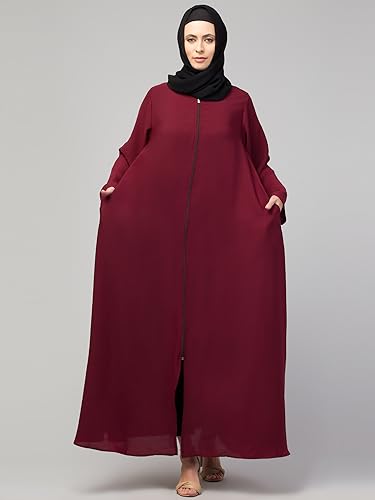 Image of Mallika Women Modest Wear Nida Matt Front Open Zipper Abaya Burkha for Everyday use (Maroon, XL)