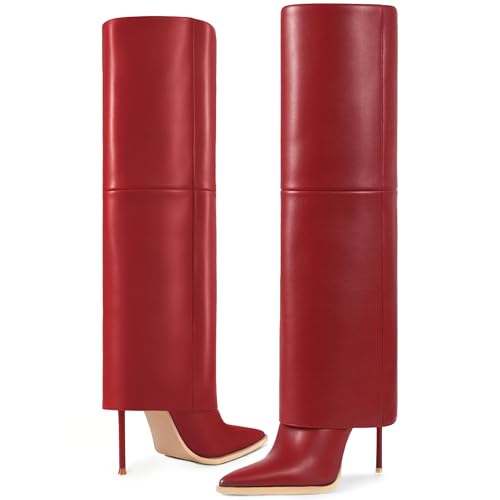 KaroNairy Fold Over Boots For Women Pointed Toe Knee High Boot Stiletto Heel Wide Calf Booties Long Boots Tall Boots2