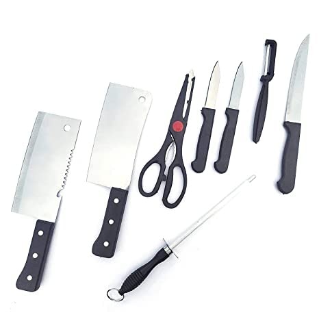 JEVOX 8 Piece Knife Set Include 3 Vegetable and Fruit Knife,2 Meat Knife,1 Scissor,1 Knife Sharpener and 1 Peeler Set for Kitchen (8 in 1)