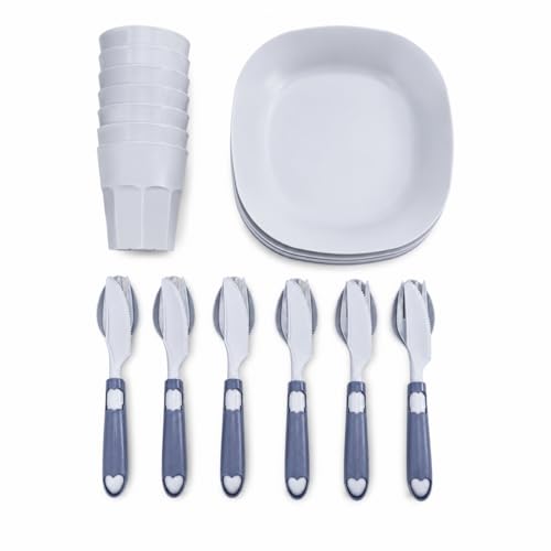 Terryshop74® Set Picnic 30 Pezzi con Box Portatile – 6 Piatti Semipiani, 6 Bicchieri 230 ml, 6 Coltelli, 6 Forchette, 6 Cucchiai e Custodie Posate – Set Campeggio e Mare – (Indaco)