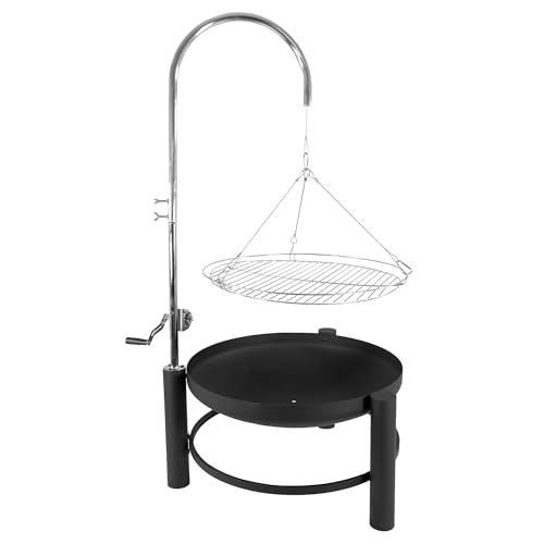 LEMODO Holzkohlegrill, Schwenkgrill mit Kurbel zur Höhenverstellung, Feuerschale mit Grillrost, Hängegrill mit schwenkbarem und höhenverstellbarem Grillgitter, auch als Feuerkorb nutzbar