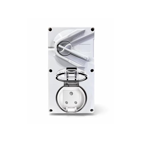 Image of MX IP66 Waterproof Outdoor Socket Box with Isolation Switch | 250V 16A Indian Socket | Dustproof Weatherproof 2 Module Modular Wall Box | Flame Retardant PC /ABS Cover for Garden, Patio & Outdoor Use
