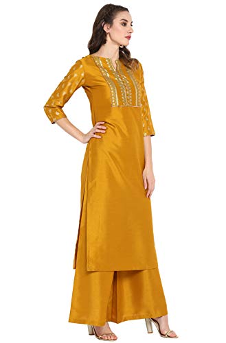 Janasya Indian Women's Mustard Silk Festive Kurta Set for Women4