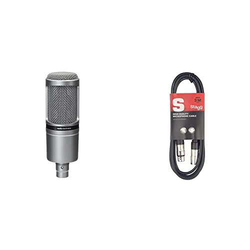 Audio-Technica AT2020 Cardioid Condenser Microphone (XLR connection) for voiceover, podcasting, streaming and recording & Stagg SMC3 3m XLR to XLR Plug Microphone Cable, Black