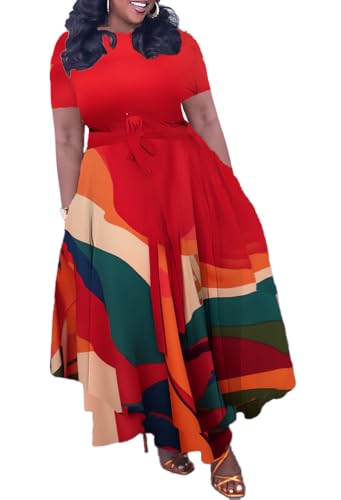 Image of Hostoyo Women Plus Size Formal A Line Maxi Dress Self Tie Waist with Pockets Elegant Round Neck Swing Long Dresses