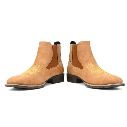 Men Western Ankle Cowboy Boots Square Toe Embroidered Pull On Chelsea Ankle Booties Comfort Casual Dress Retro Slip On Short Boots4
