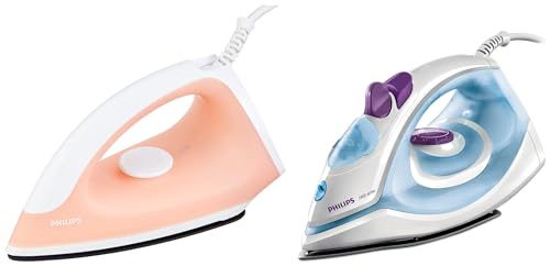 Image of PHILIPS Aluminum Gc1905 1440-Watt Steam Iron With Spray (Blue) & Classic Gc097 /50 750 Watts Dry Iron (Peach)