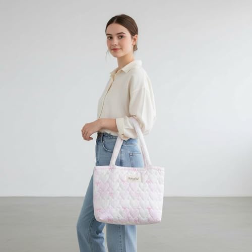 Image of Floral Quilted Cotton Shoulder Bag for Women Daily Use Medium Size Handbag Large Capacity Thickened Design Tote