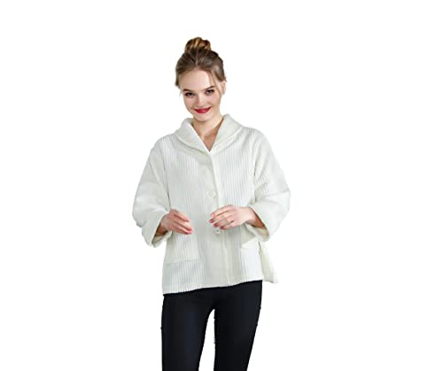 Loungees Women's Drop Needle Coral Fleece Shawl Collar Button Front Bed Jacket - 1X Ivory