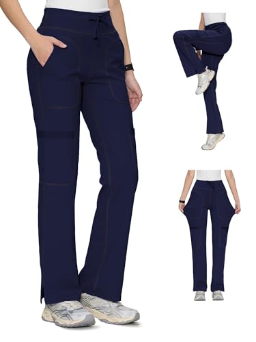 COZY SCRUBS Yoga Scrub Pants for Women Soft Stretch Mid Rise Straight Leg Cargo Bottom with Drawstring 5 Pockets Navy Blue M