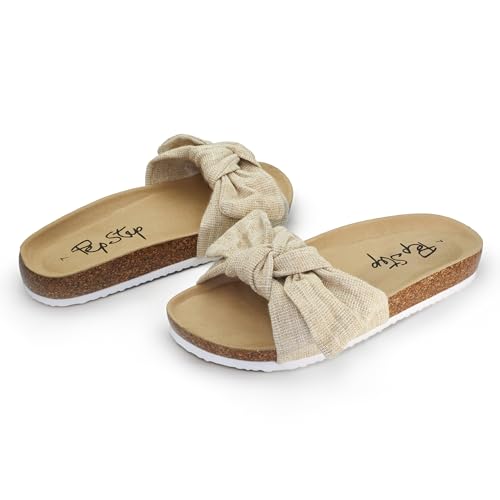 Image of PepStep Slide Sandals for Women or Ladies Dressy Summer Casual, Cute Bow Tie Knot On Top Strap, Comfy Slip On Cork Foot Bed