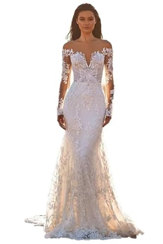 Mermaid Wedding Dresses for Bride Long Sleeve Beach Bride Dress with Train LW04