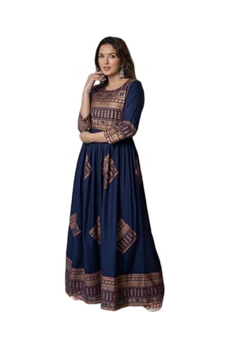 Image of Daevish New Gold Printed 3 /4 Sleeves Flared Maxi Length Dress for Women & Girl's | Maxi Dress for Women | Women Flared Dress