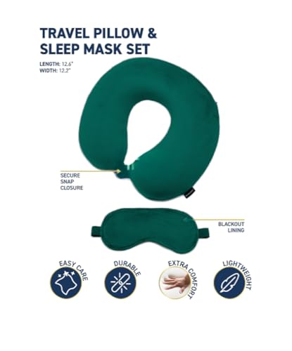 Image of Microfiber Travel Pillow with Eye Mask - Soft Neck Support Pillow for Airplane, Car, Train & Office - Compact & Lightweight Travel Essentials Set for Men & Women,Green