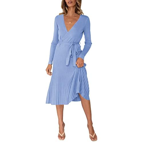 Pink Queen Women's Wrap Sweater Dress V Neck Long Sleeve Ribbed Swing Knit Midi Dresses with Belt Large Light Blue