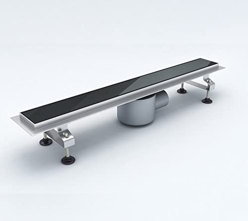 Durovin Bathrooms Stainless Steel Linear Floor Shower Drain, Wetroom Rectangular Drainage with Adjustable Feet & Hair Trap, Include Black Glass Channel Tile (900mm x 70mm)