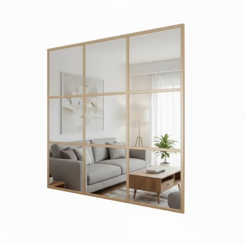 THEROSE Espejo Ventana Industrial, Espejo Salon Pared Decorativo, Aluminio 120 x 120 cm (Dorado)