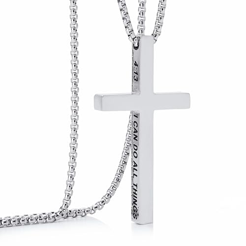AWARDSEN Silver Cross Necklace, Silver Crucifix Pendant Mens Necklace with Crucifix Pendant Religious Bible Philippians 4:13 Men's Jewellery Christian/Birthday/Thanksgiving Gifts 24