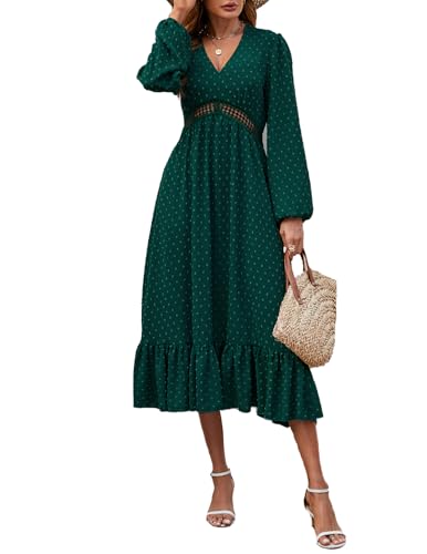 JENJON Mujer Vestidos Cuelle en V Manga Larga Cintura Alta Puntos Volantes Maxi Vestido Otoño Invierno D-Verde XL