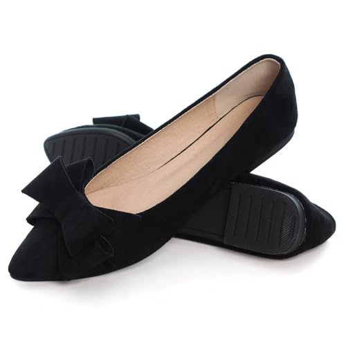 Image of WENJIAZHIZHI Square Toe Bow Ballet Slip-On | Classic Suede Finish,Chic Bow Detail,Effortless Everyday Style,Wedding Party Office,Plus Size Available