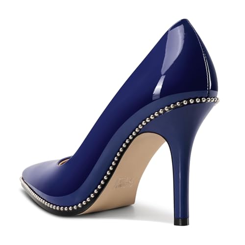 Image of TNYNFBEB Womens Stiletto Mid Heel Pointed Toe Pumps Slip-on Sliver Beaded Prom Wedding Dress Basic Classic Patent Leather 3.5 Inches Heels